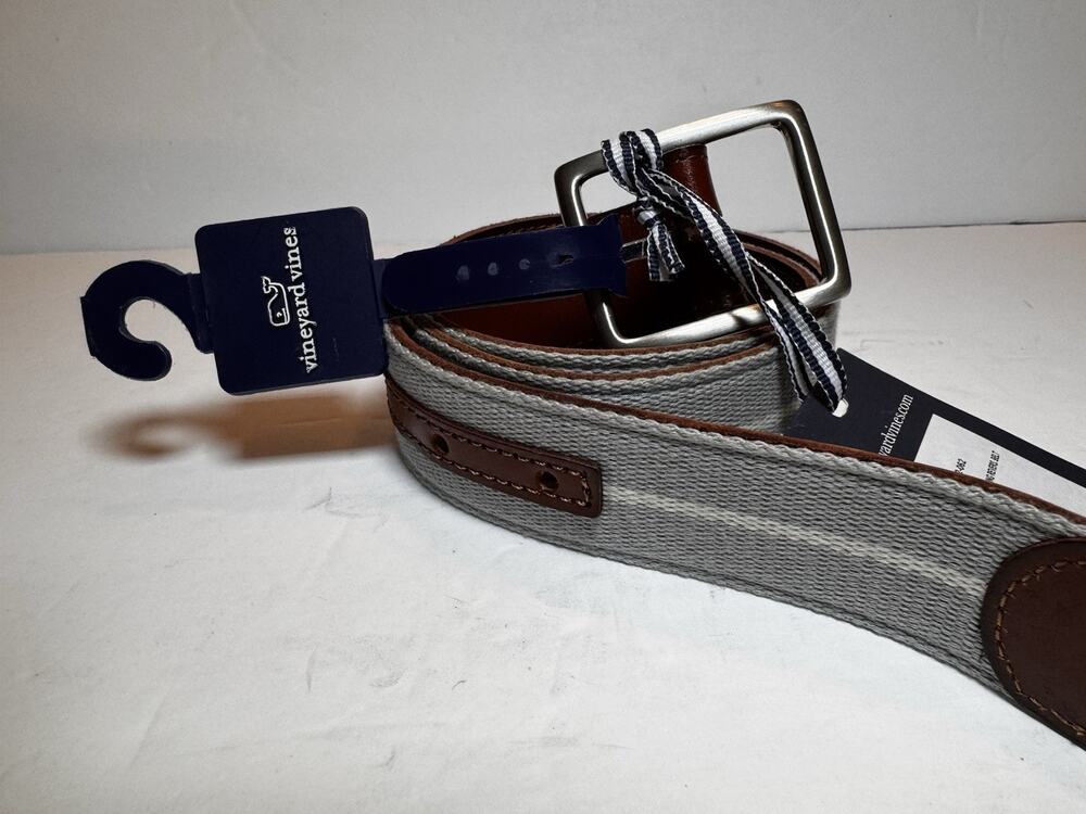 30 Vineyard Vines Reversible Belt Brown Leather/Granite Webbing Silver Buckle